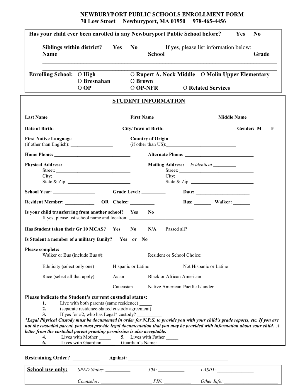 Newburyport High School Enrollment Form
