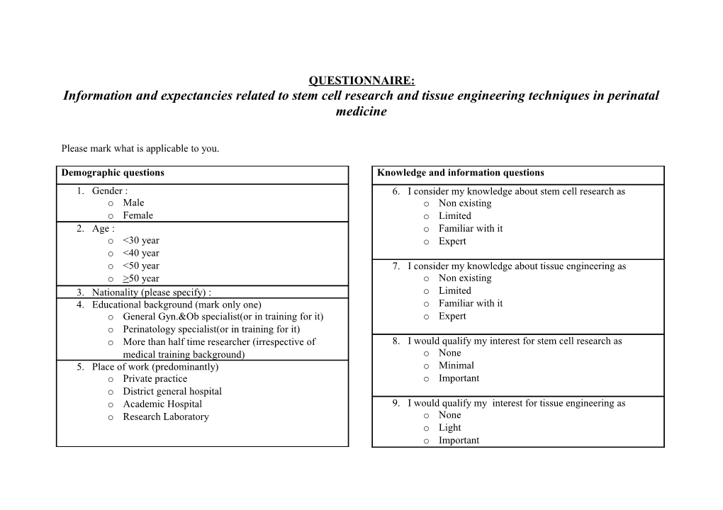 Information and Expectancies Related to Stem Cell Research and Tissue Engineering Techniques