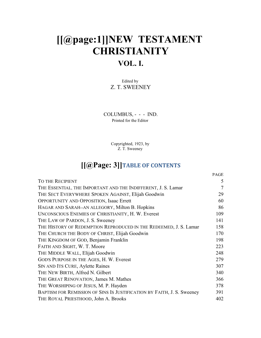 Z. T. Sweeney's New Testament Christianity, Vol. I.: Title Page