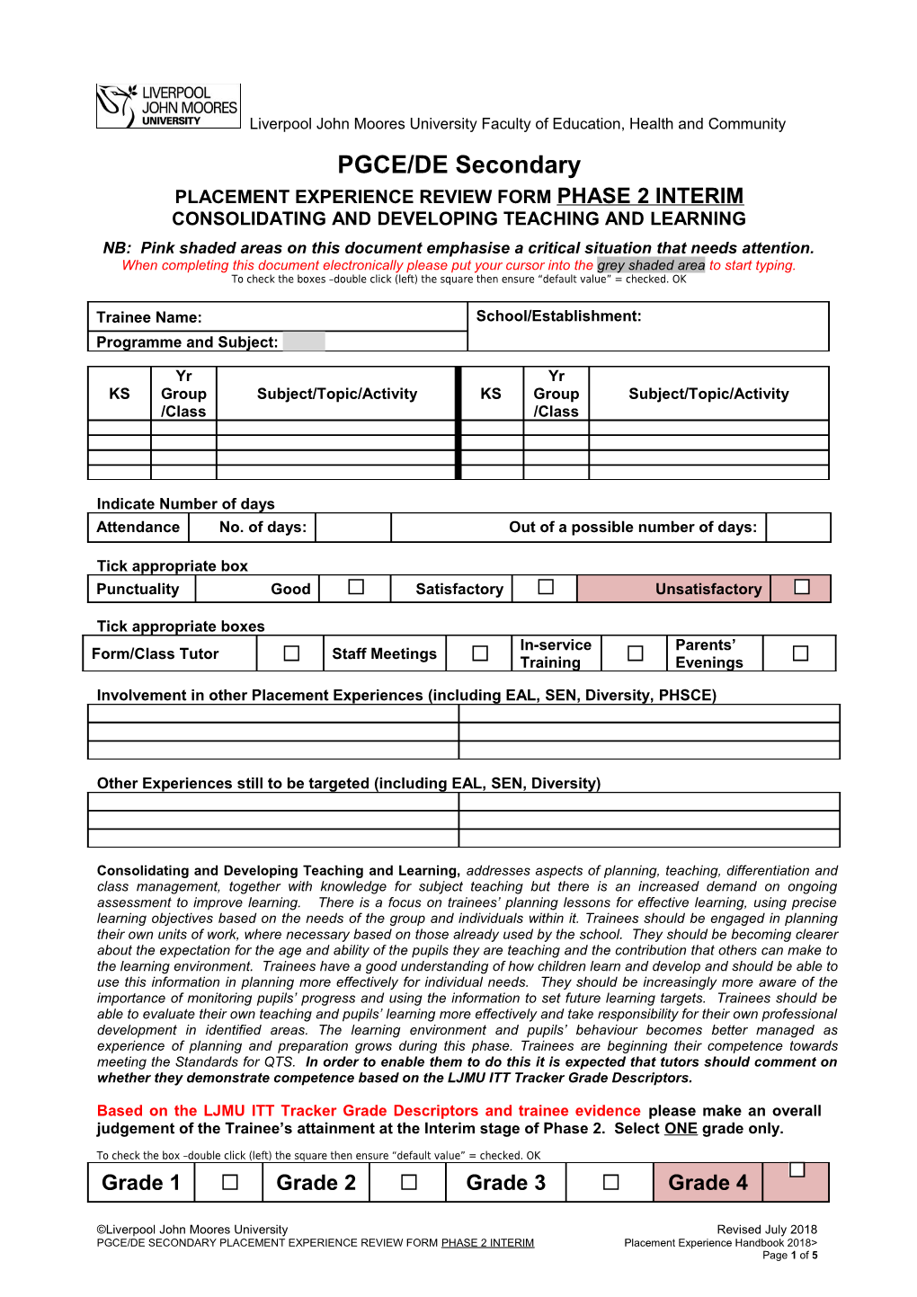 Placement Experience Review Form Phase 2Interim