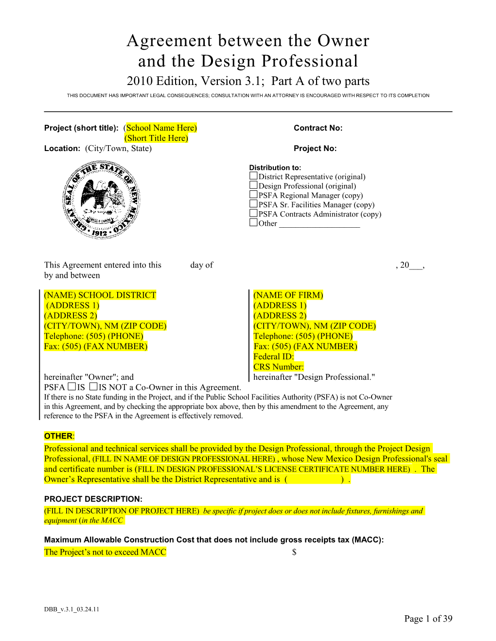 Agreement Between Owner and Architect