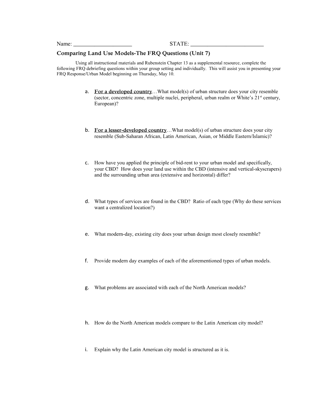 Comparing Land Use Models-The FRQ Questions (Unit 7)