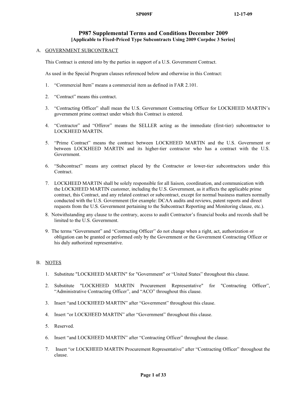 Applicable to Fixed-Priced Type Subcontracts Using 2009 Corpdoc 3 Series