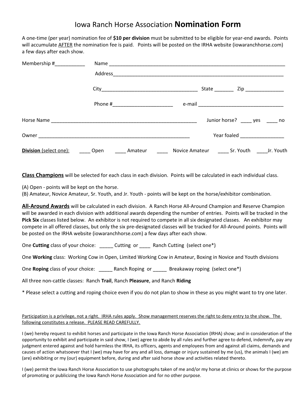 Iowa Ranch Horse Association Nomination Form