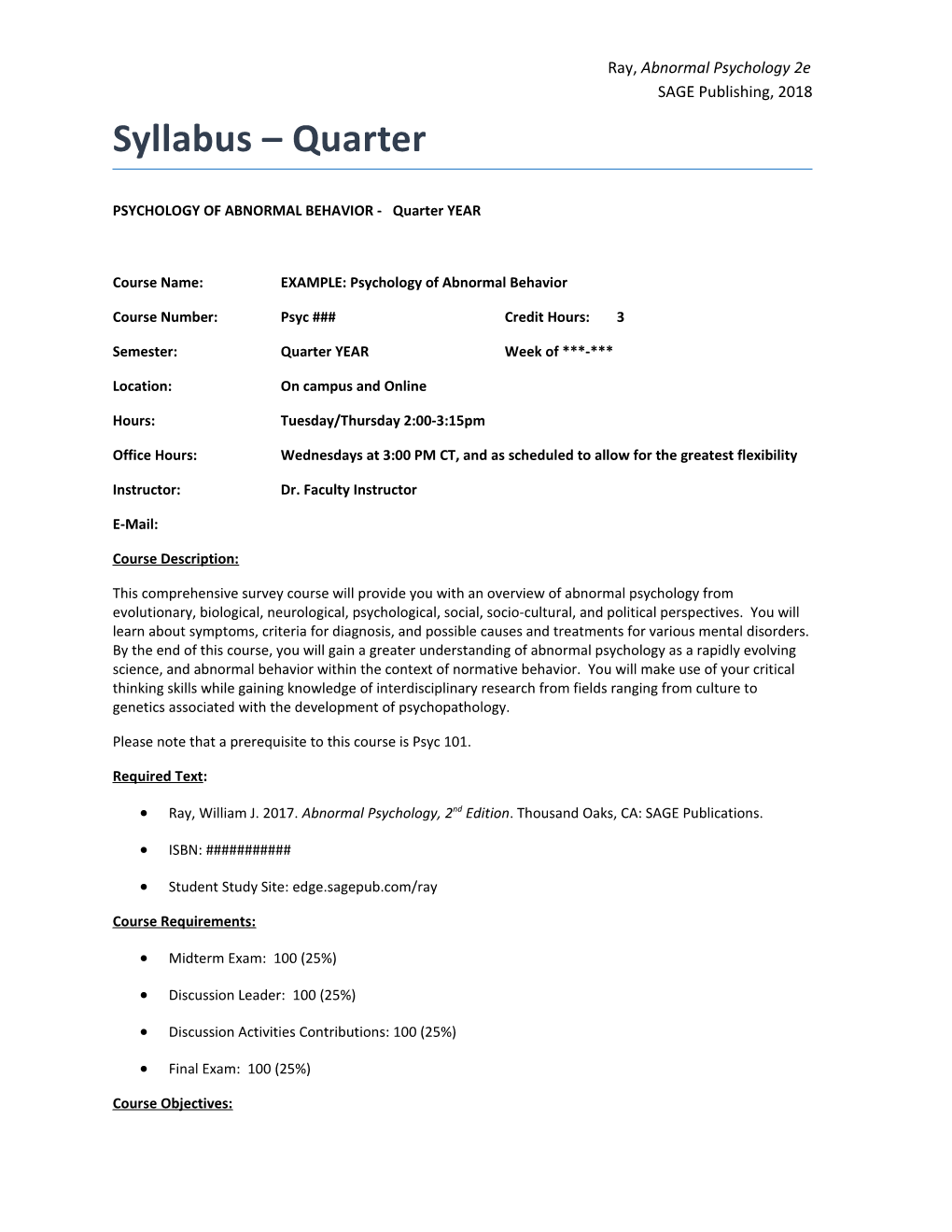 PSYCHOLOGY of ABNORMAL BEHAVIOR - Quarter YEAR