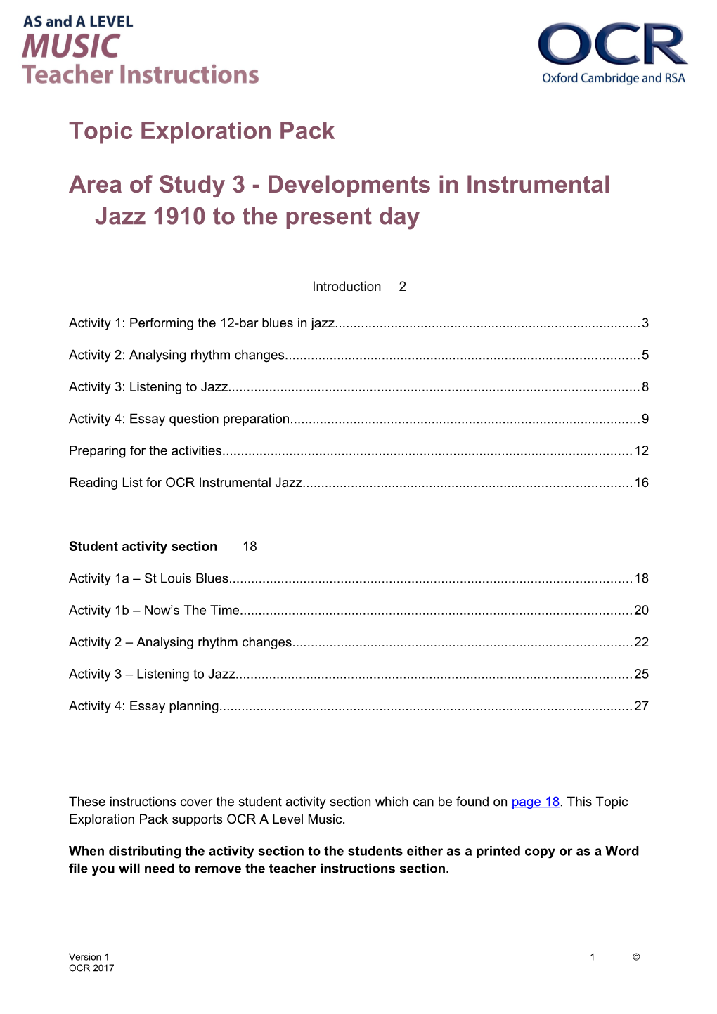 OCR a Level Music TEP - Area of Study 3 - Developments in Instrumental Jazz 1910 to The