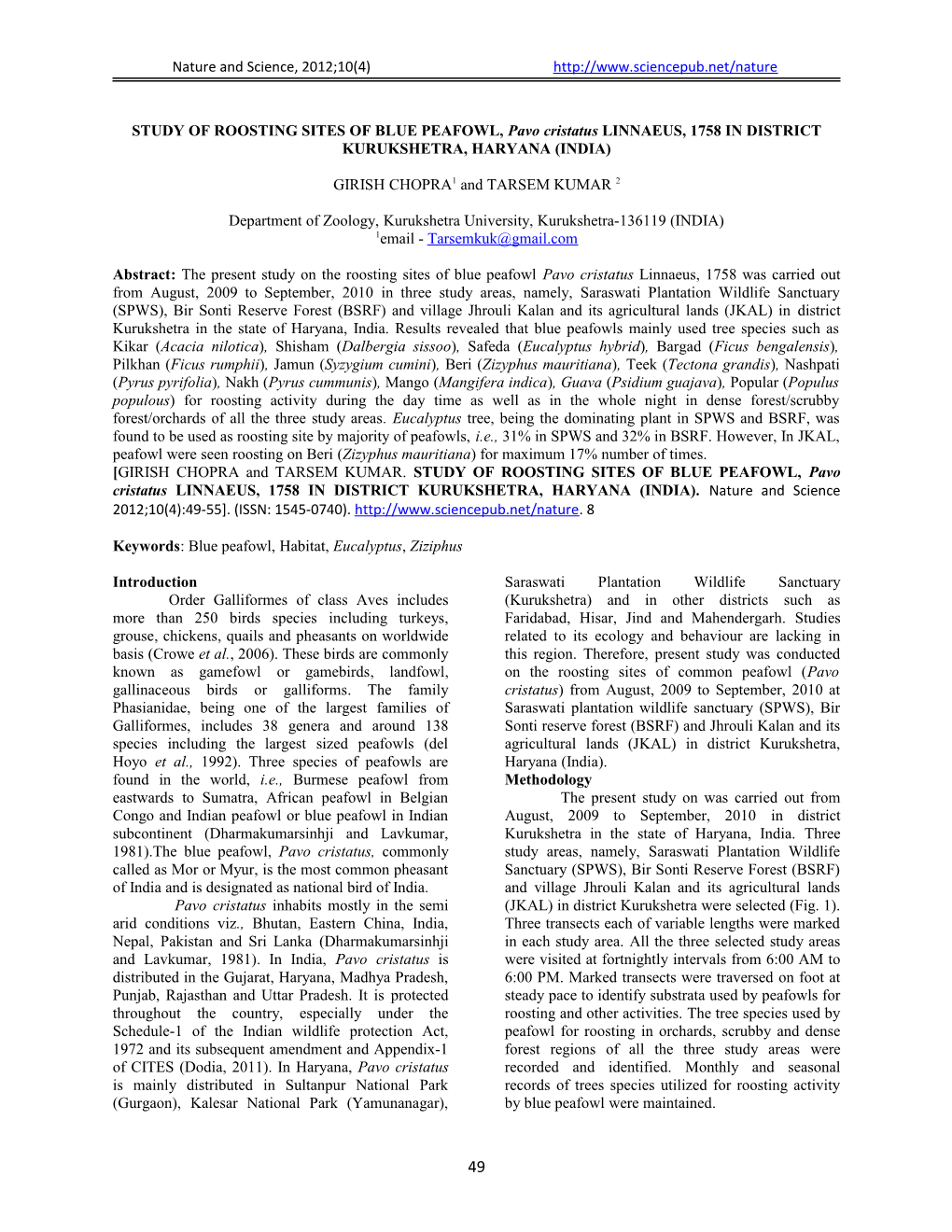 STUDY of ROOSTING SITES of BLUE PEAFOWL, Pavocristatuslinnaeus, 1758 in DISTRICT KURUKSHETRA