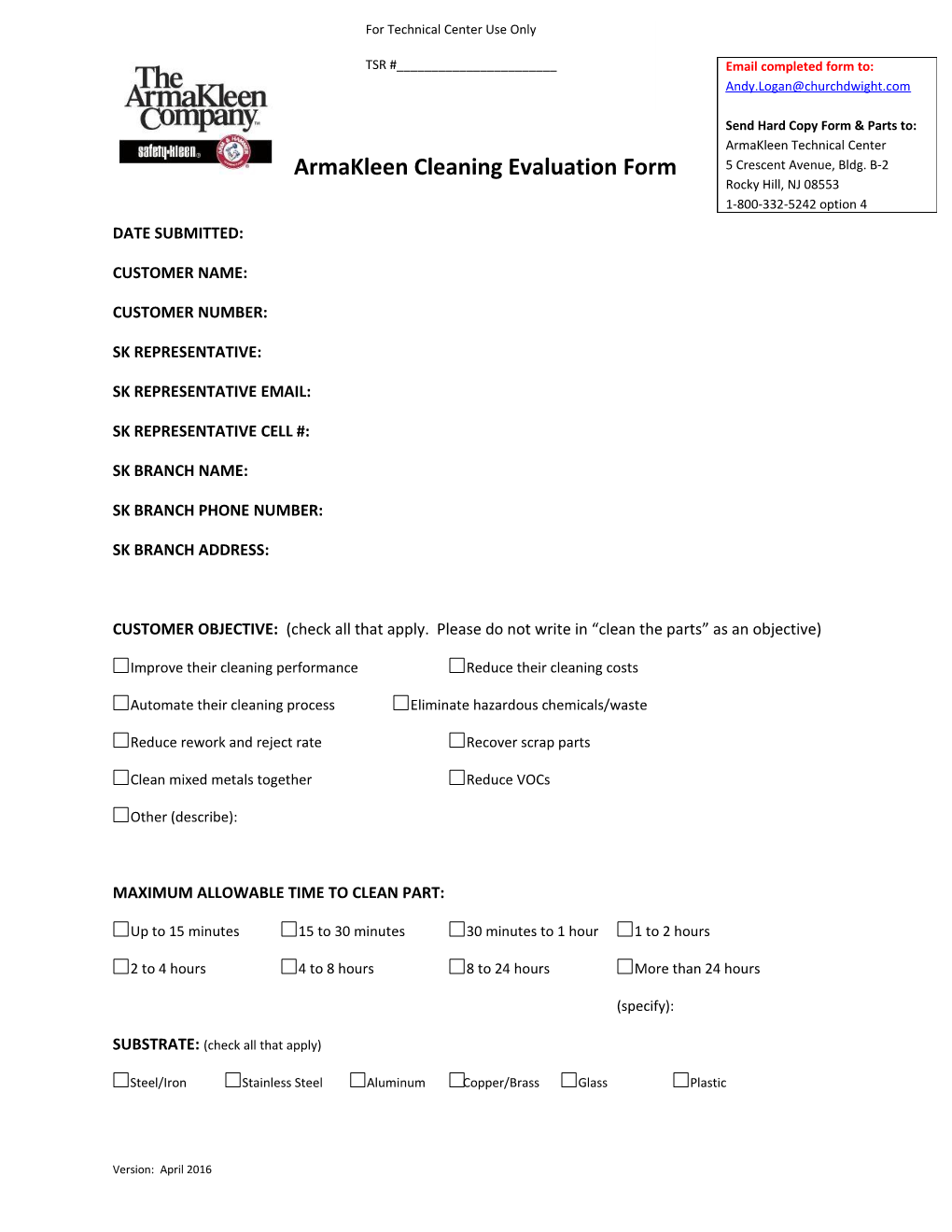 Armakleen Cleaning Evaluation Form Pg. 1