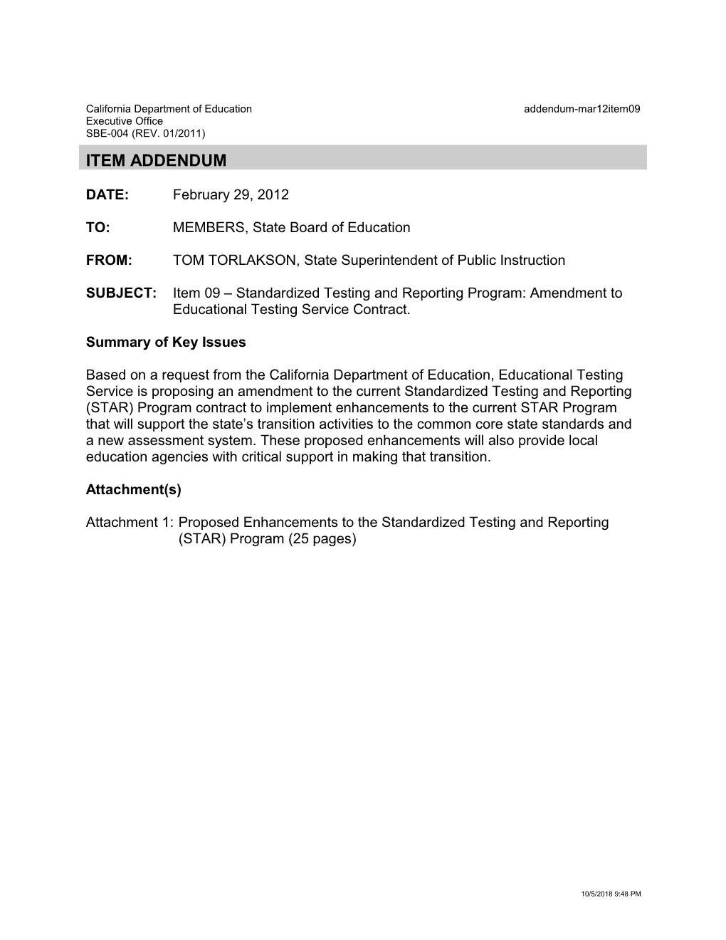 March 2012 Item 9 Addendum - Meeting Agendas (CA Dept of Education)