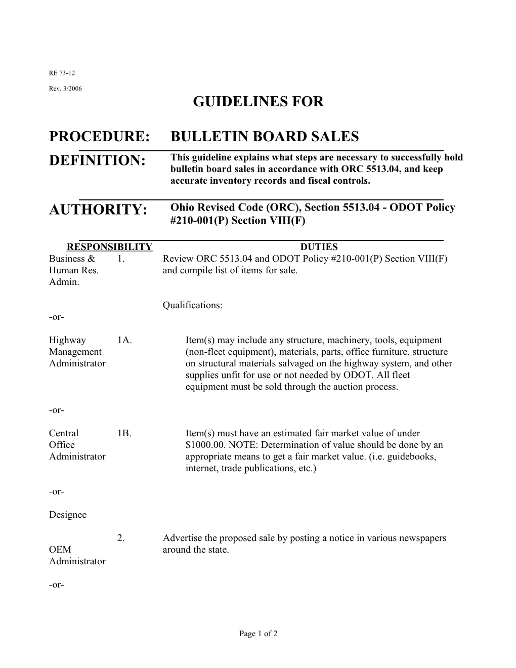 RE 73-12 Guidelines for Internet Sales-Formally Bulletin Board Sales