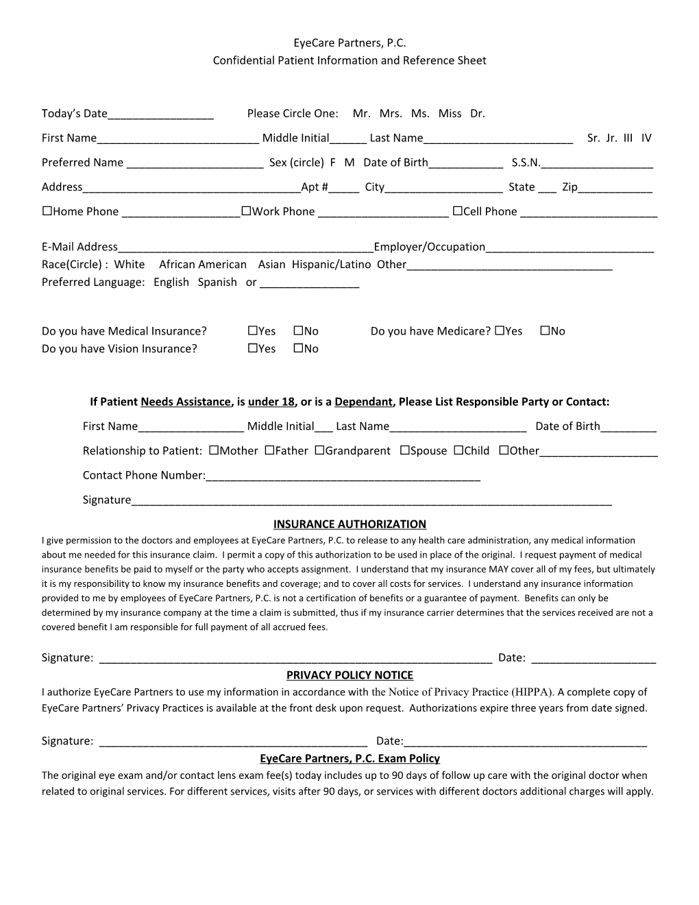 Confidential Patient Information and Reference Sheet