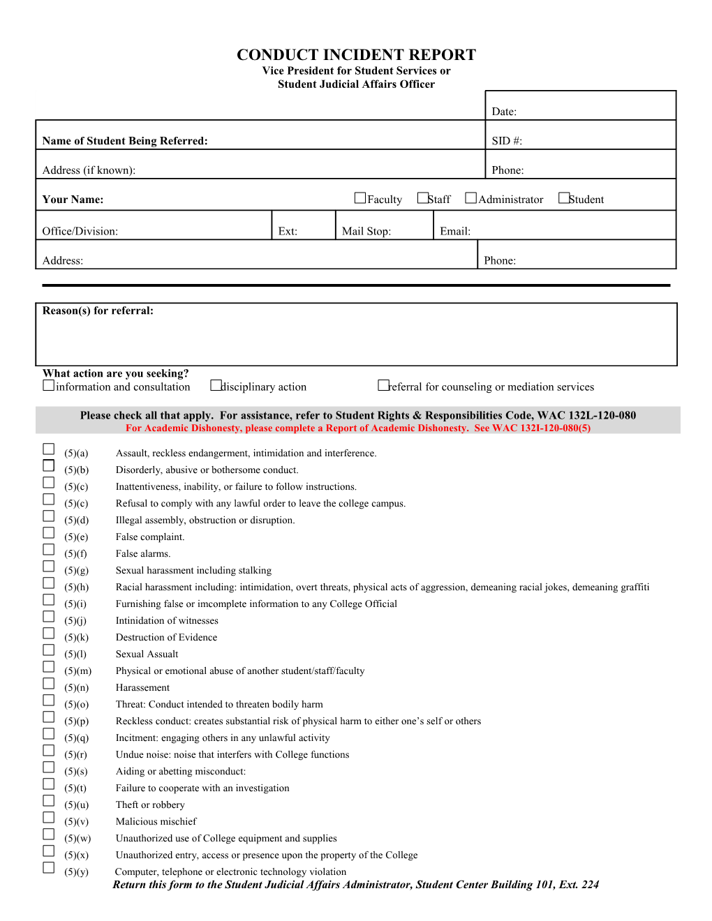 Student Conduct Incident Report