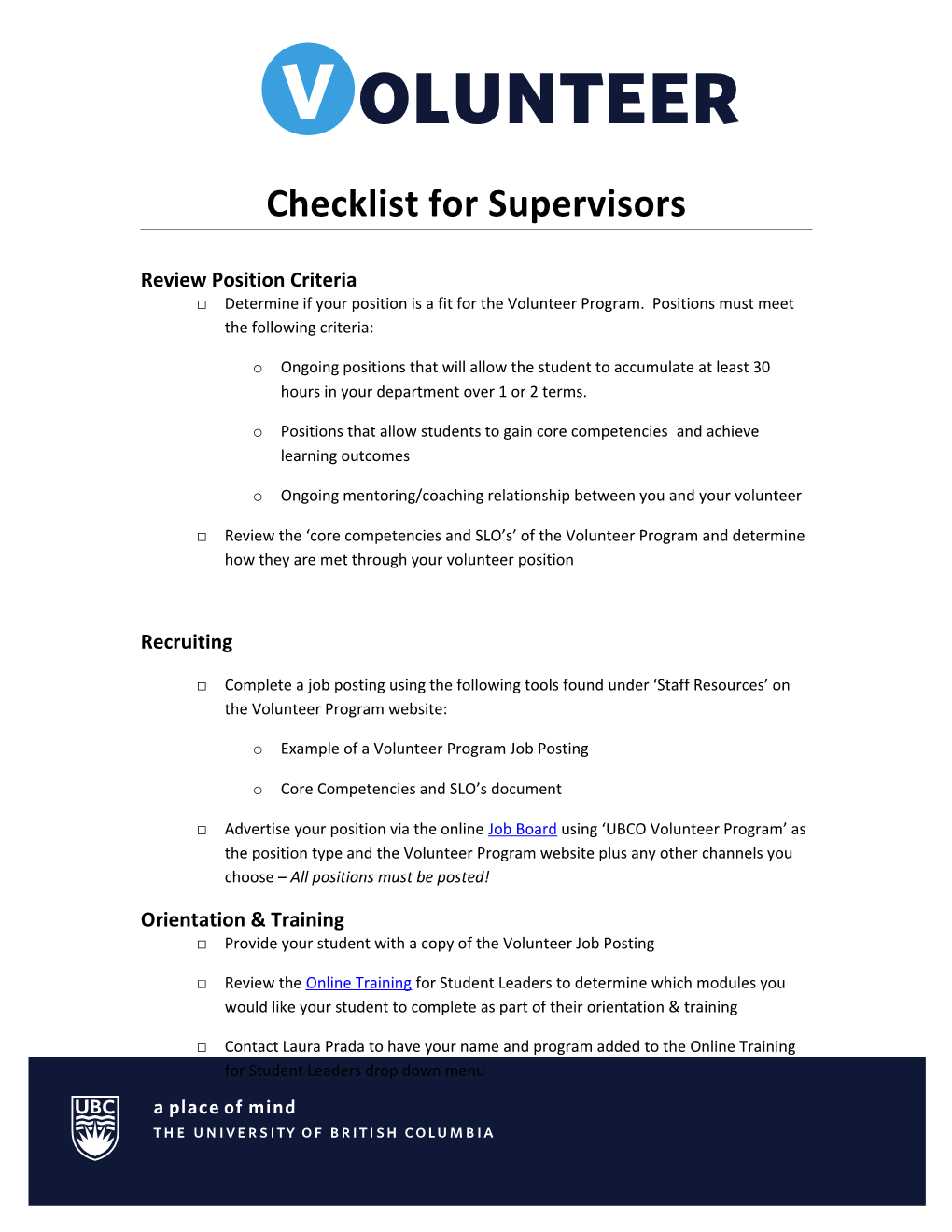 Checklist for Supervisors