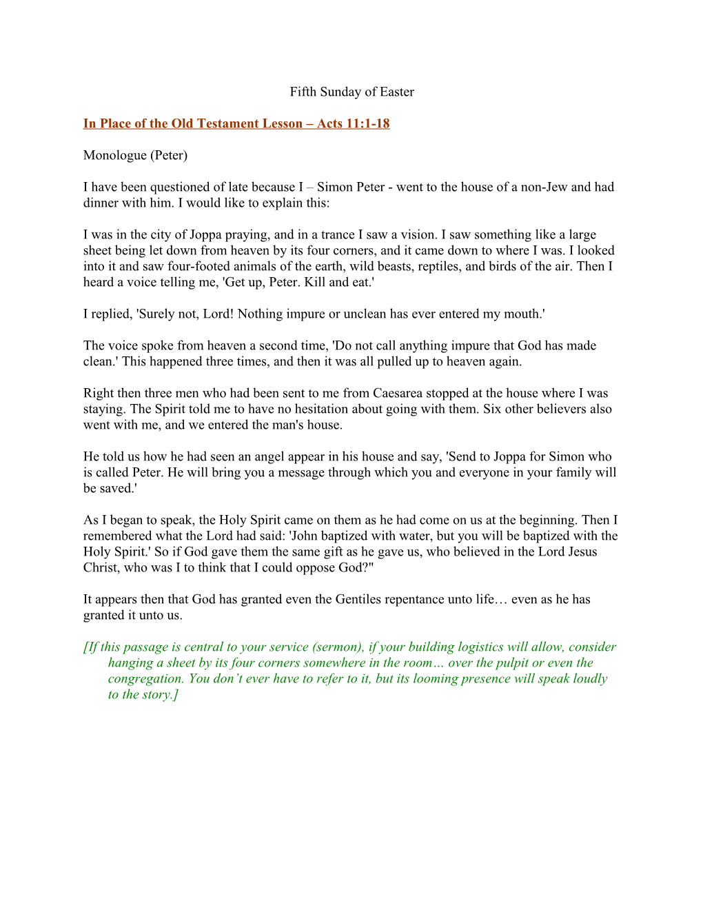 In Place of the Old Testament Lesson Acts 11:1-18