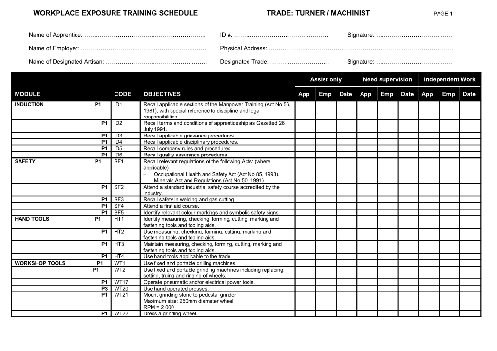 Workplace Exposure Training Schedule Trade: Turner / Machinist Page 1