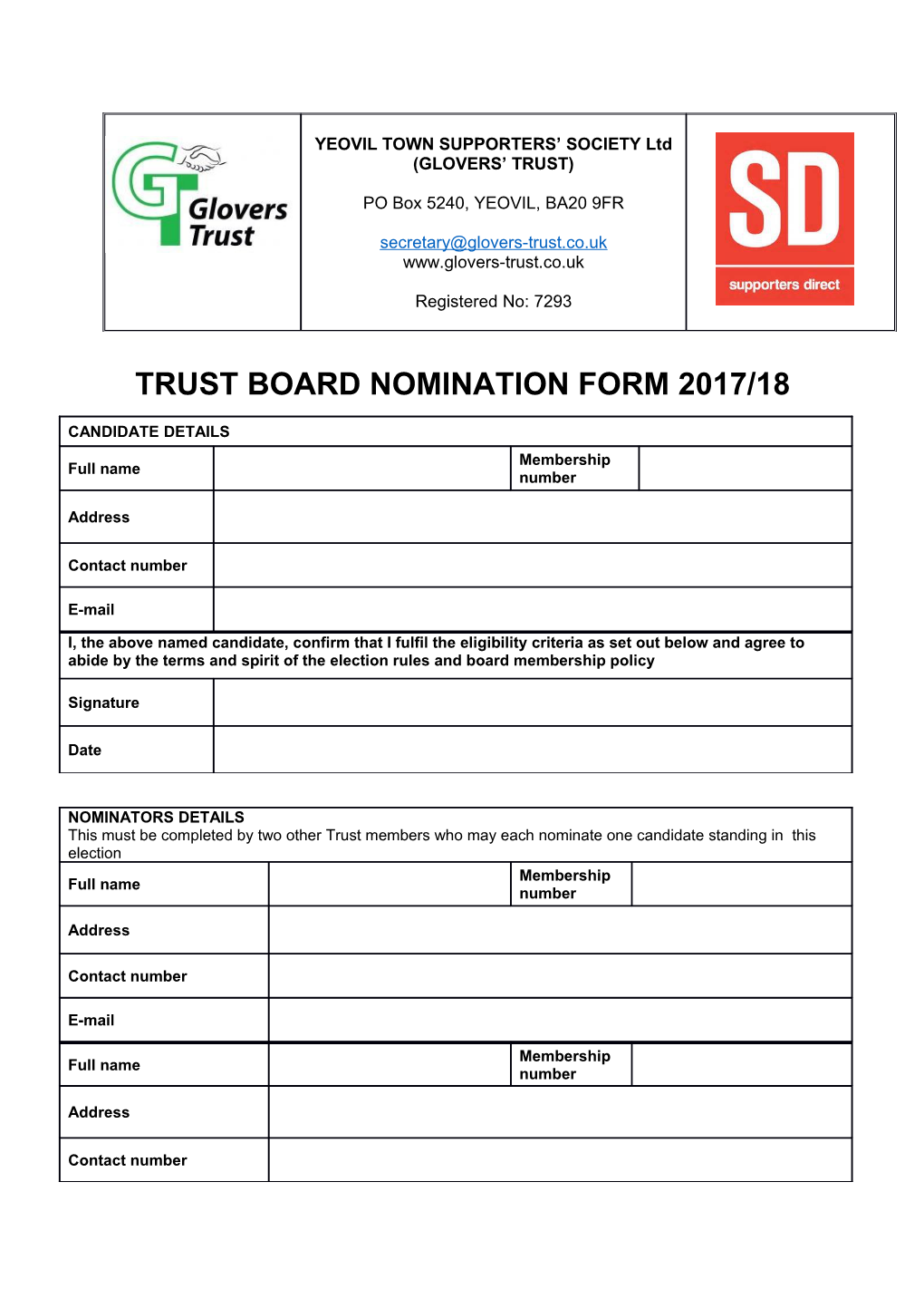 Trust Board Nomination Form 2017/18