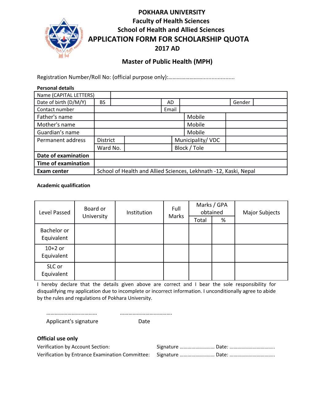 Registration Number/Roll No: (Official Purpose Only)