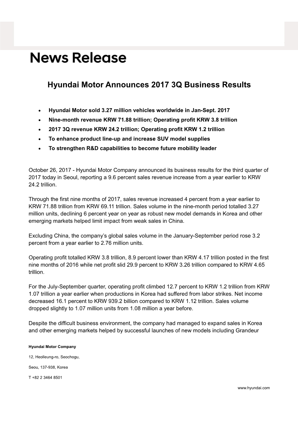 Hyundai Motor Announces 2017 3Q Business Results