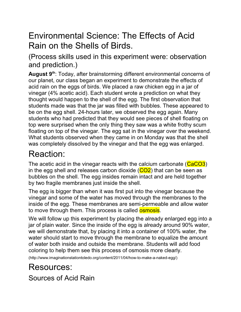 Environmental Science: the Effects of Acid Rain on the Shells of Birds