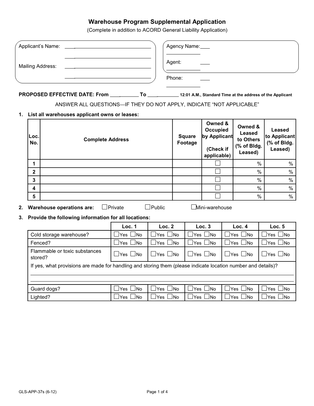 Warehouse Program Supplemental Application