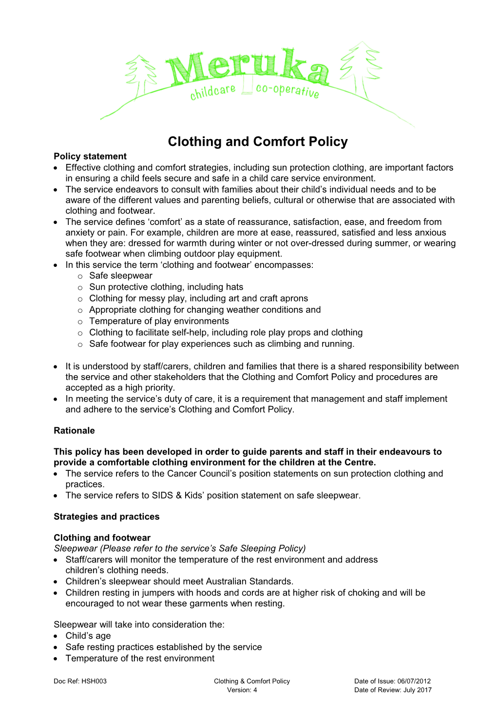 Clothing and Comfort Policy