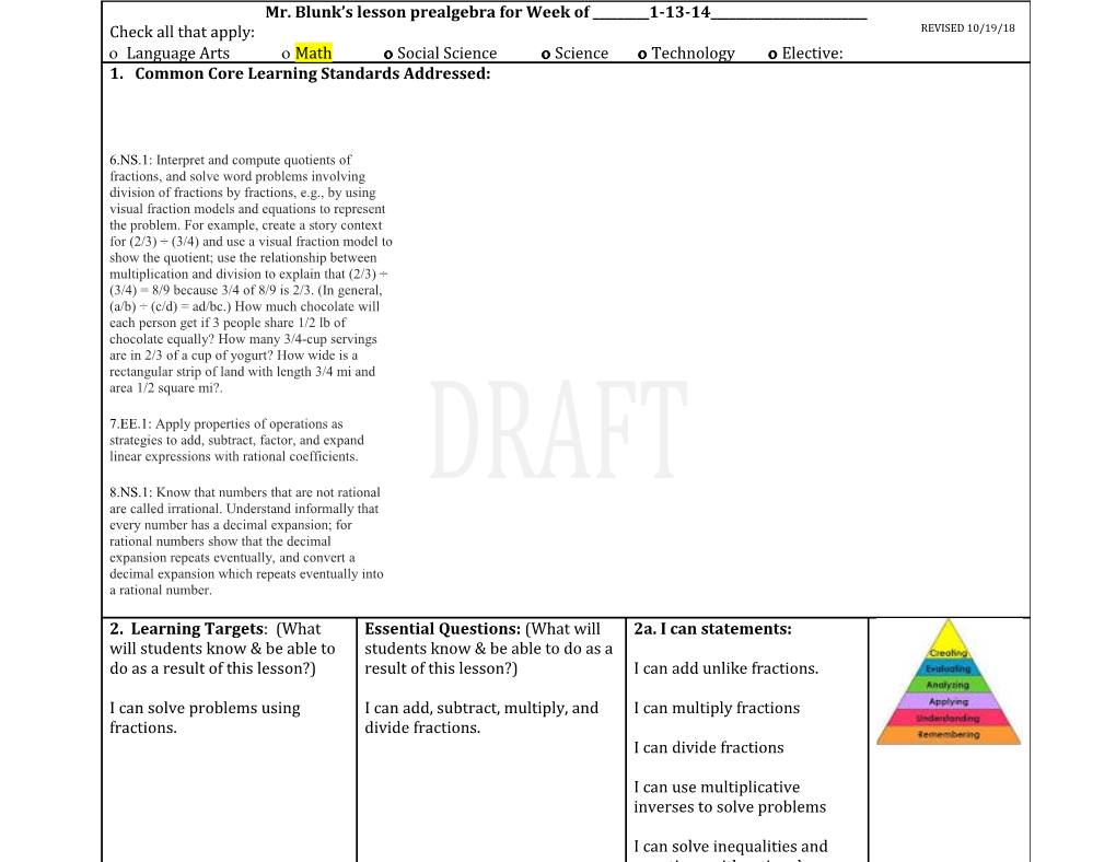 Common Core Learning Standards Addressed