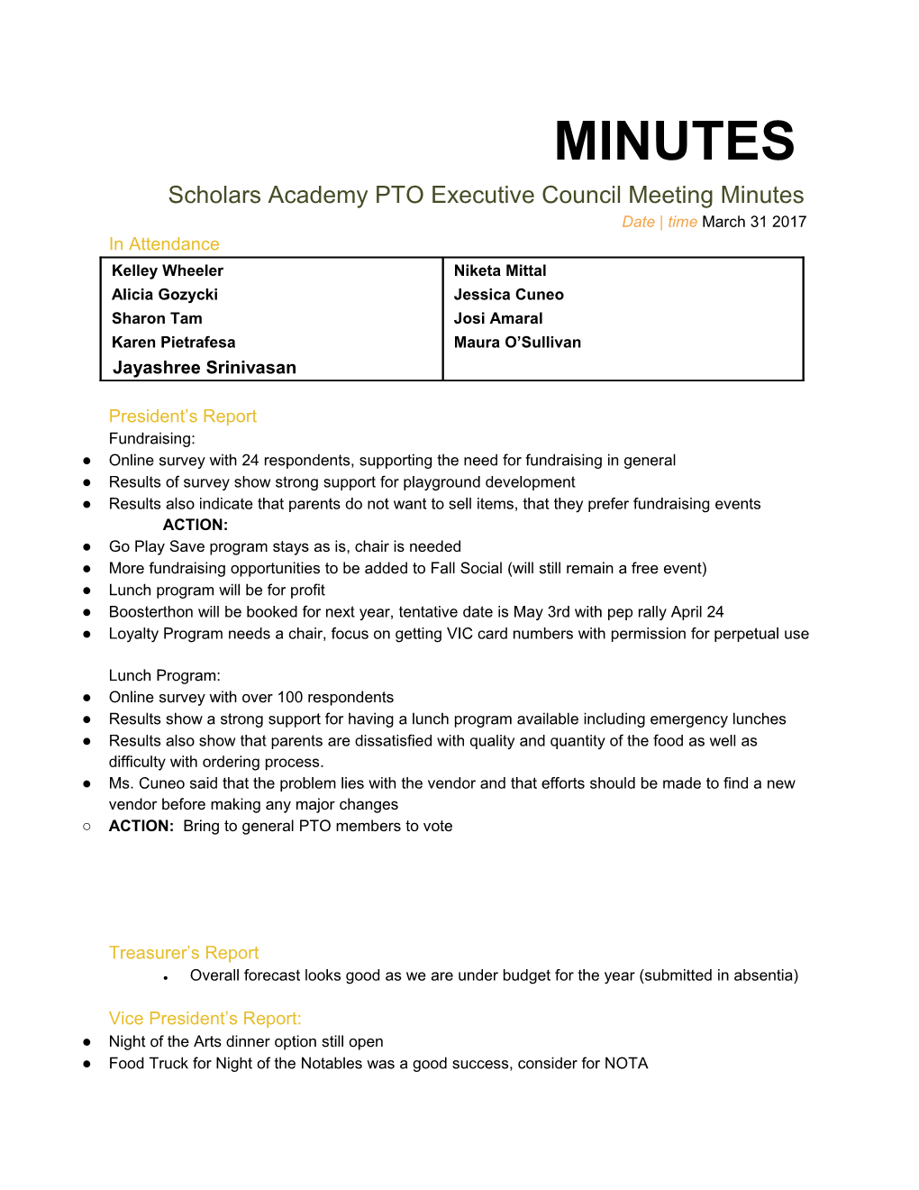 Scholars Academy PTO Executive Council Meeting Minutes