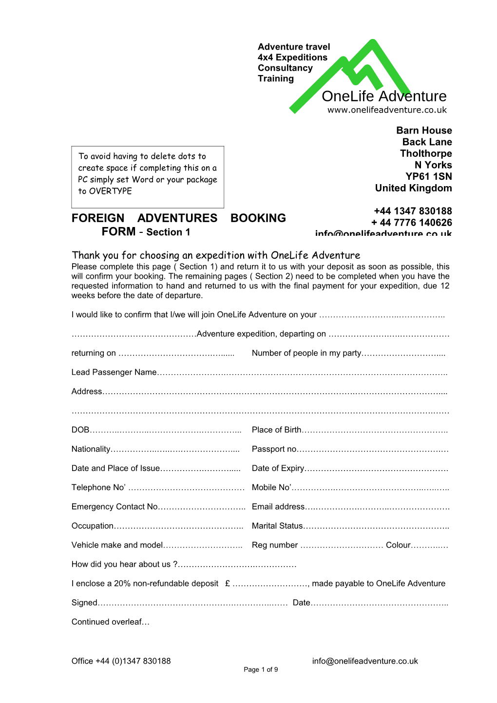 FOREIGN ADVENTURES BOOKING FORM - Section 1