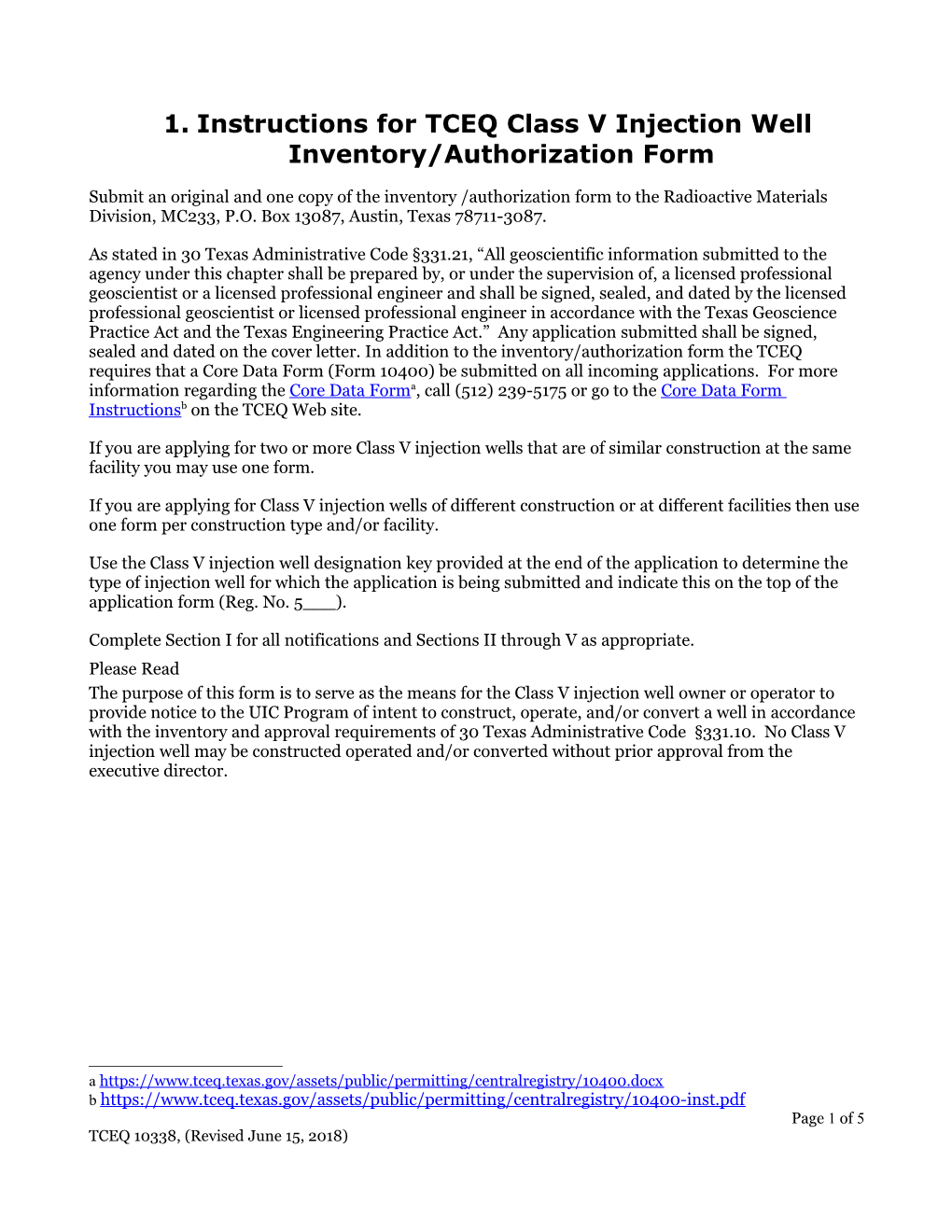 Instructions for TCEQ Class V Injection Well Inventory/Authorization Form