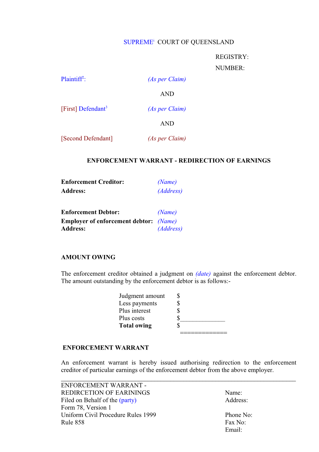 Uniform Civil Procedure Rules - Form 78