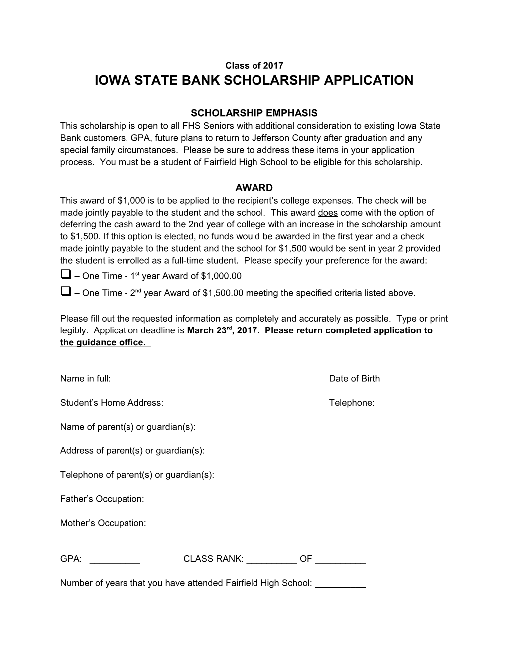 Iowa State Bank Scholarship Application