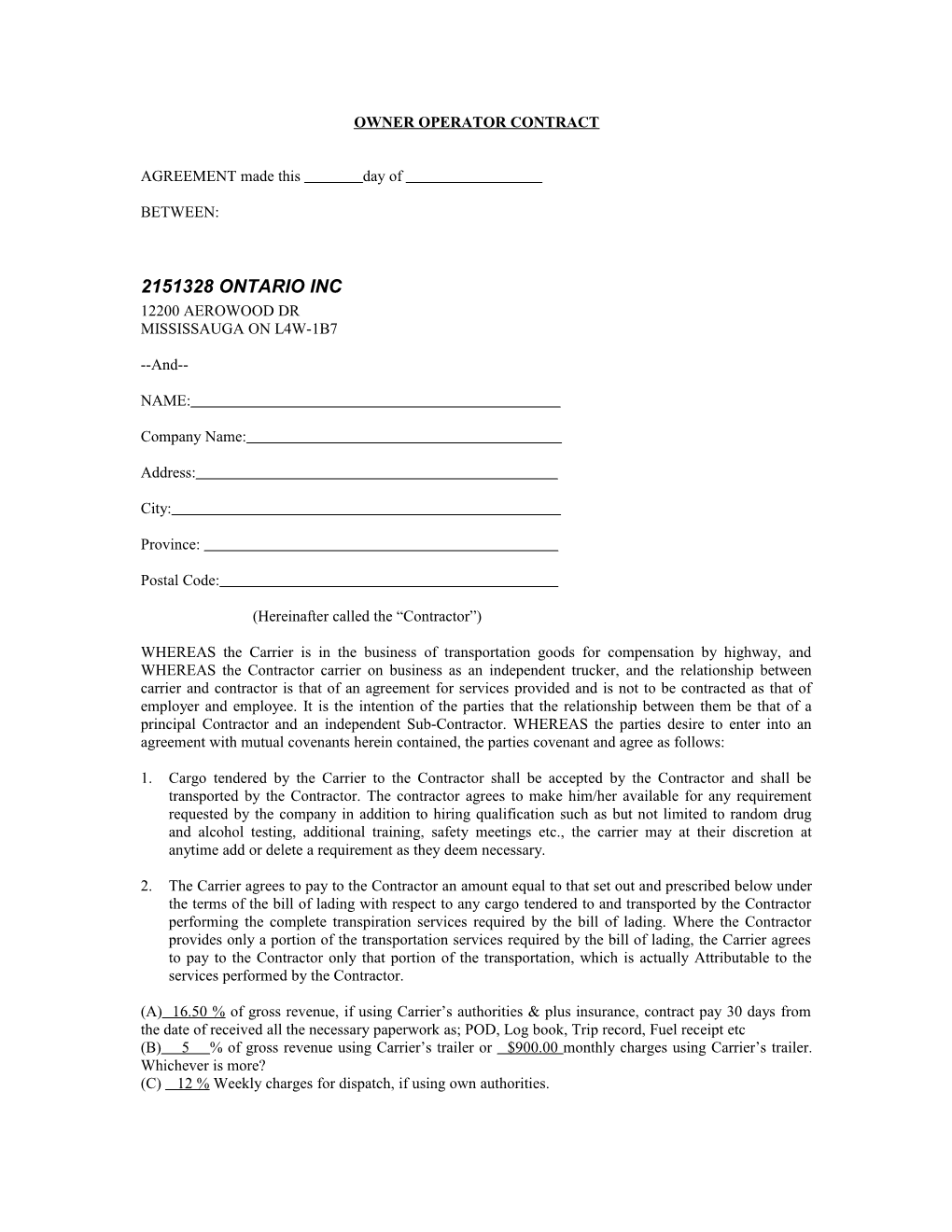 Owner Operator Contract