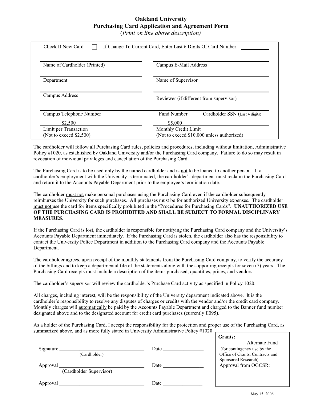 Purchasing Card Application and Agreement Form