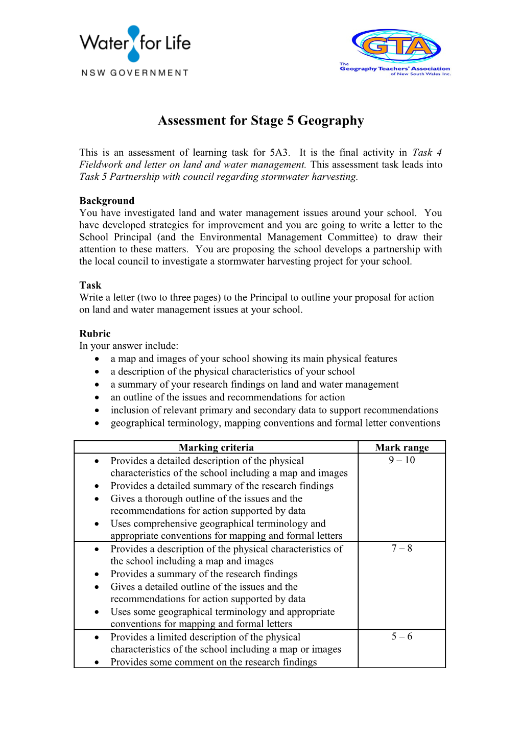 Assessment for Stage 5 Geography