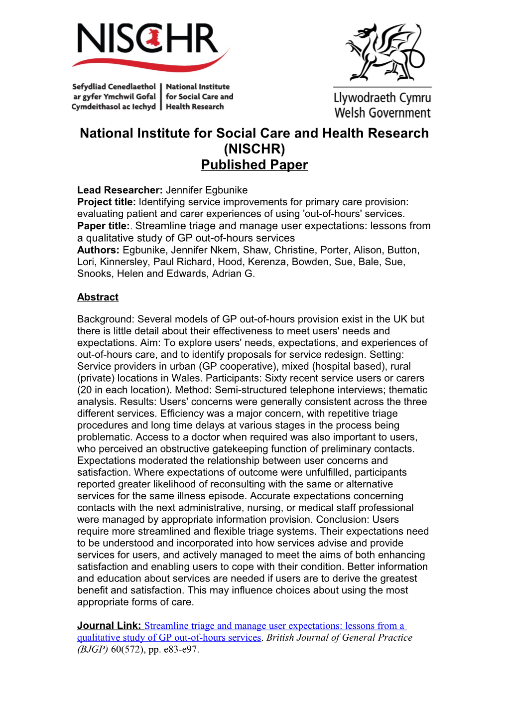 National Institute for Social Care and Health Research (NISCHR)