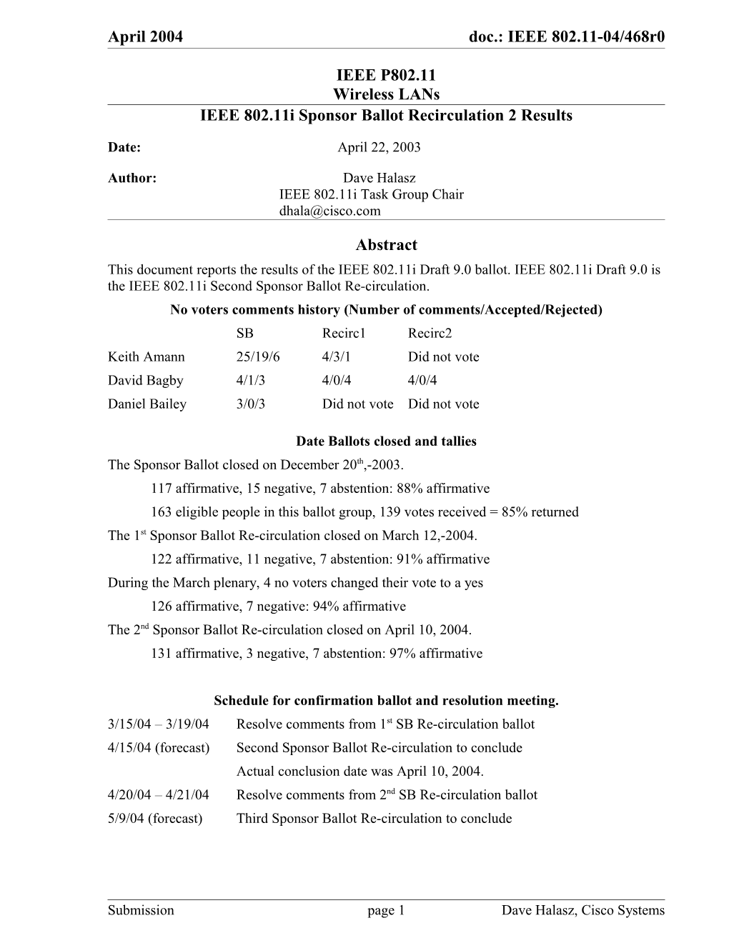 IEEE 802.11I Sponsor Ballot Recirculation 2 Results