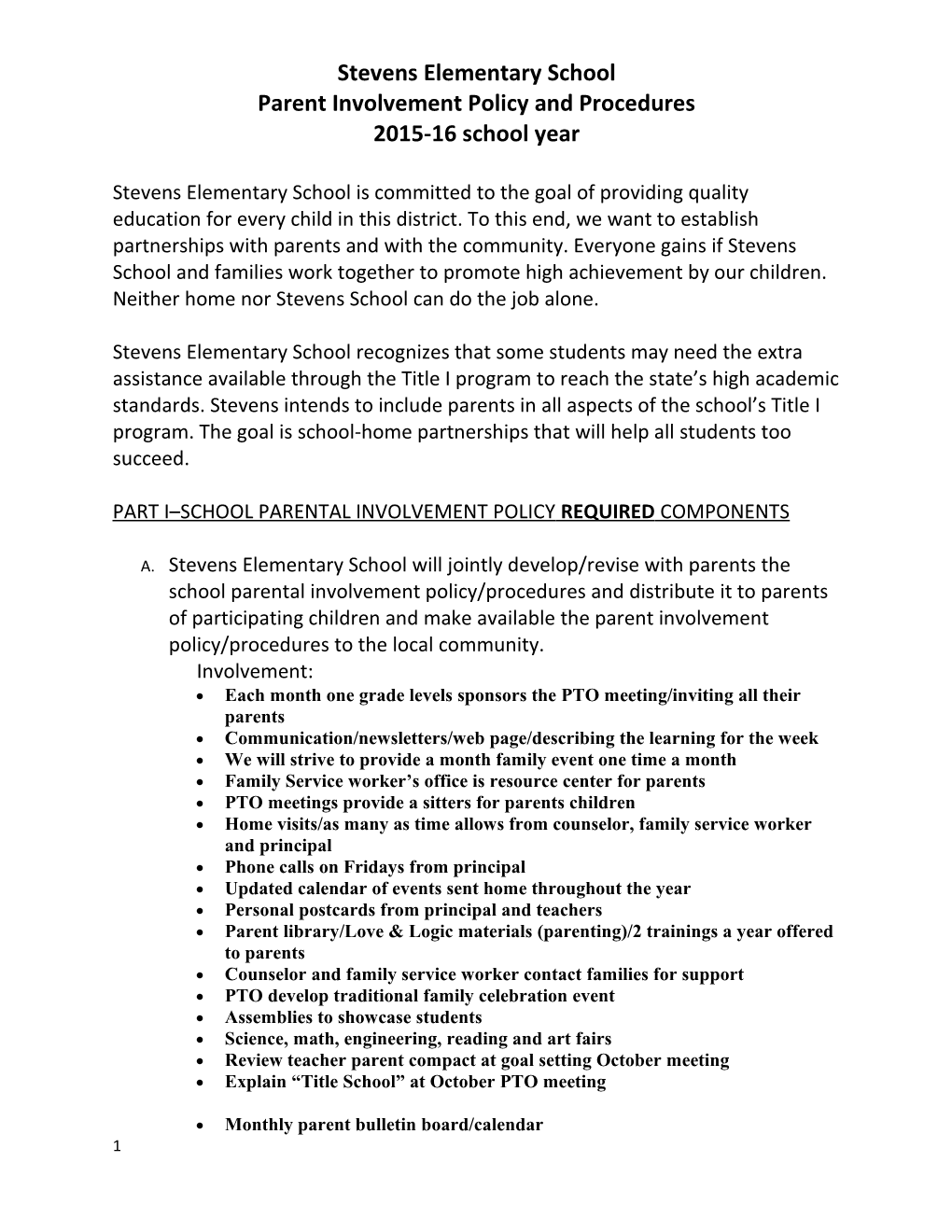 Parent Involvement Policy and Procedures