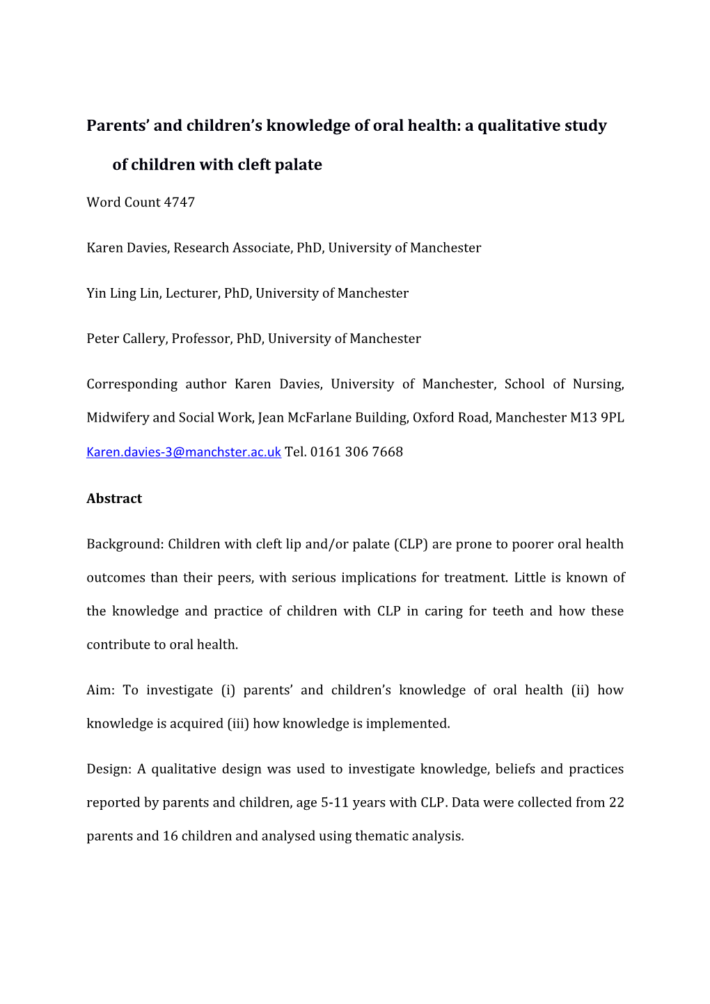 Parents and Children S Knowledge of Oral Health: a Qualitative Study of Children with Cleft