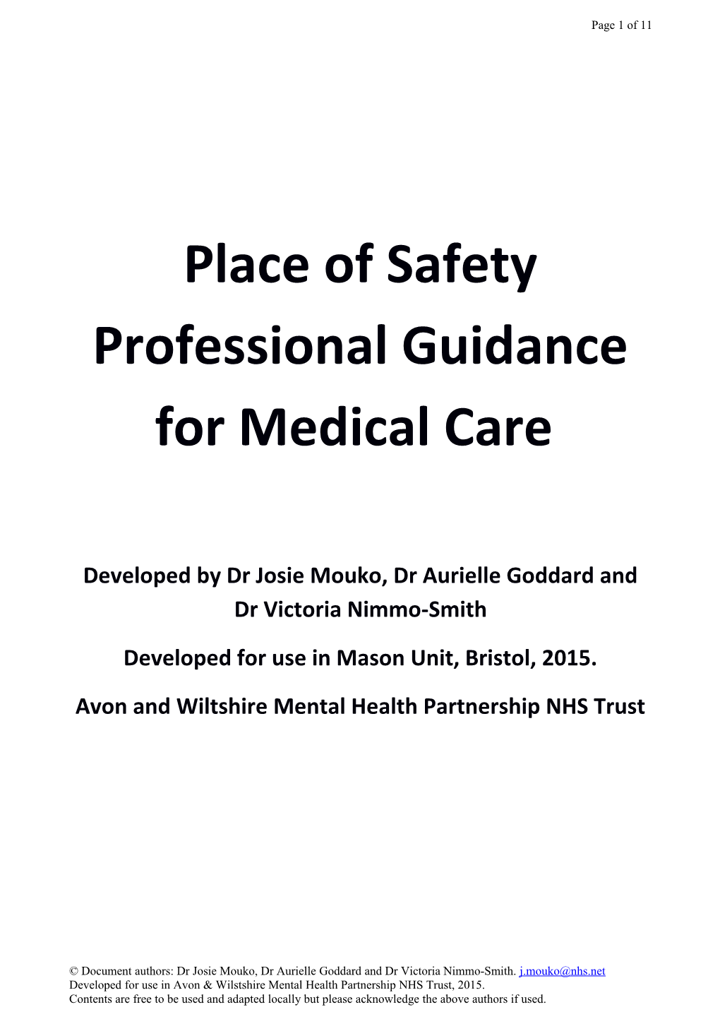 Place of Safety Professional Guidance for Medical Care