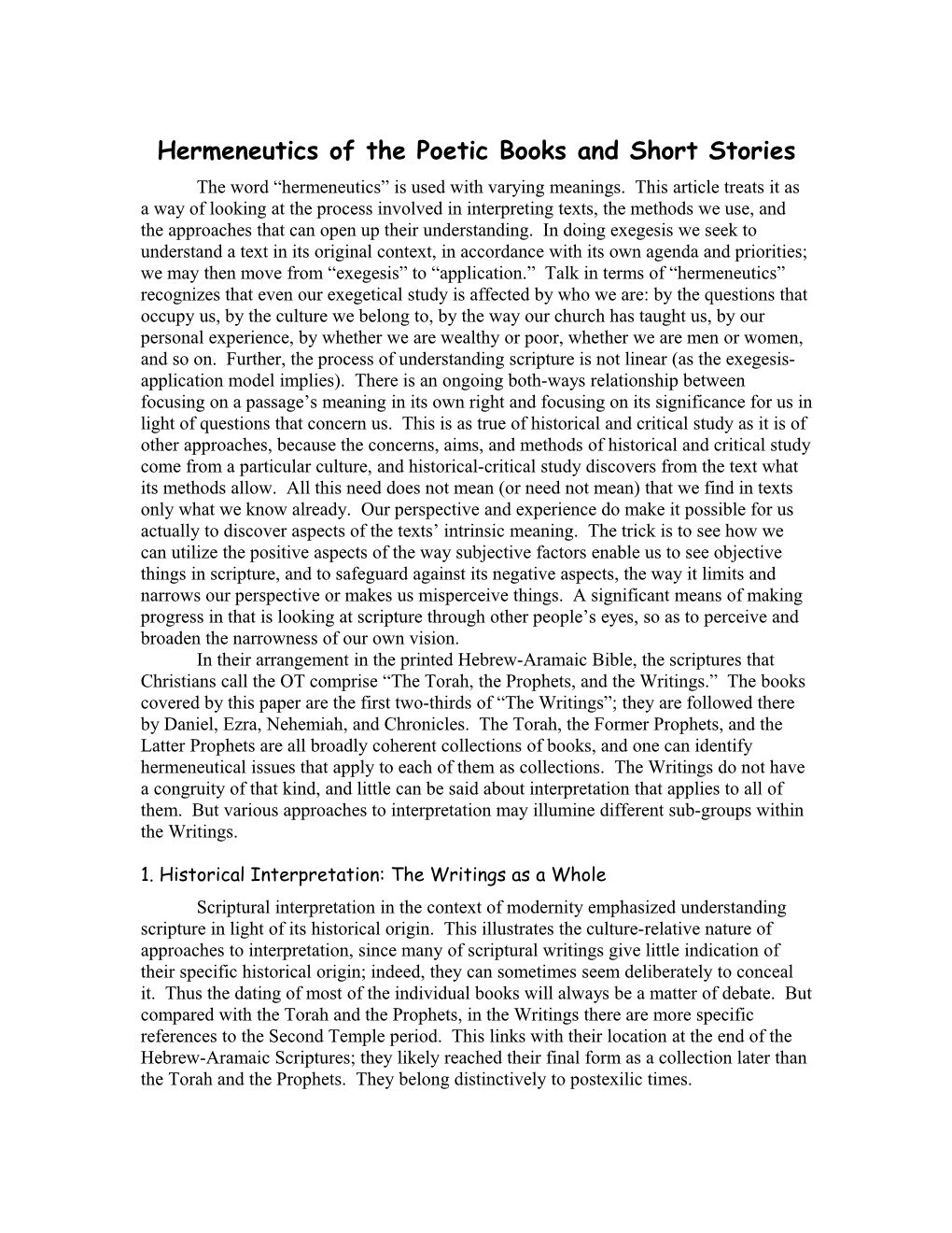 Hermeneutics of the Poetic Books and Short Stories