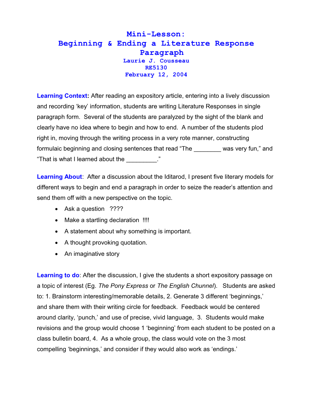 Beginning & Ending a Literature Response Paragraph