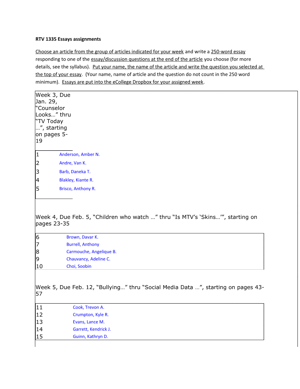 RTV 1335 Essays Assignments