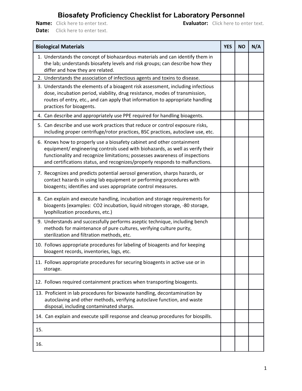 Biosafety Proficiency Checklist for Laboratorypersonnel