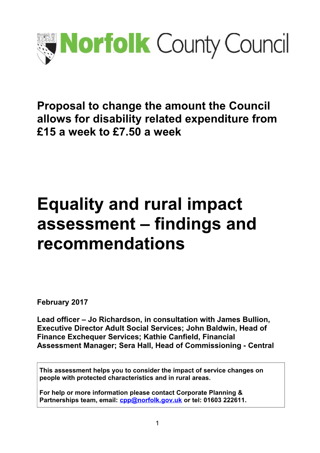 Equality and Rural Impact Assessment Findings and Recommendations