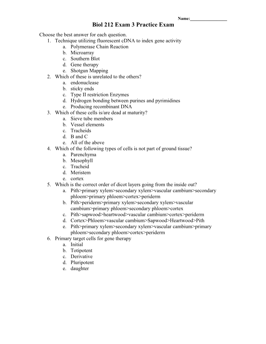 Biol 212 Exam 3 Practice Exam