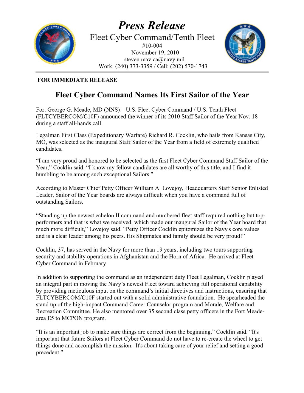 Fleet Cyber Command Names Its First Sailor of the Year