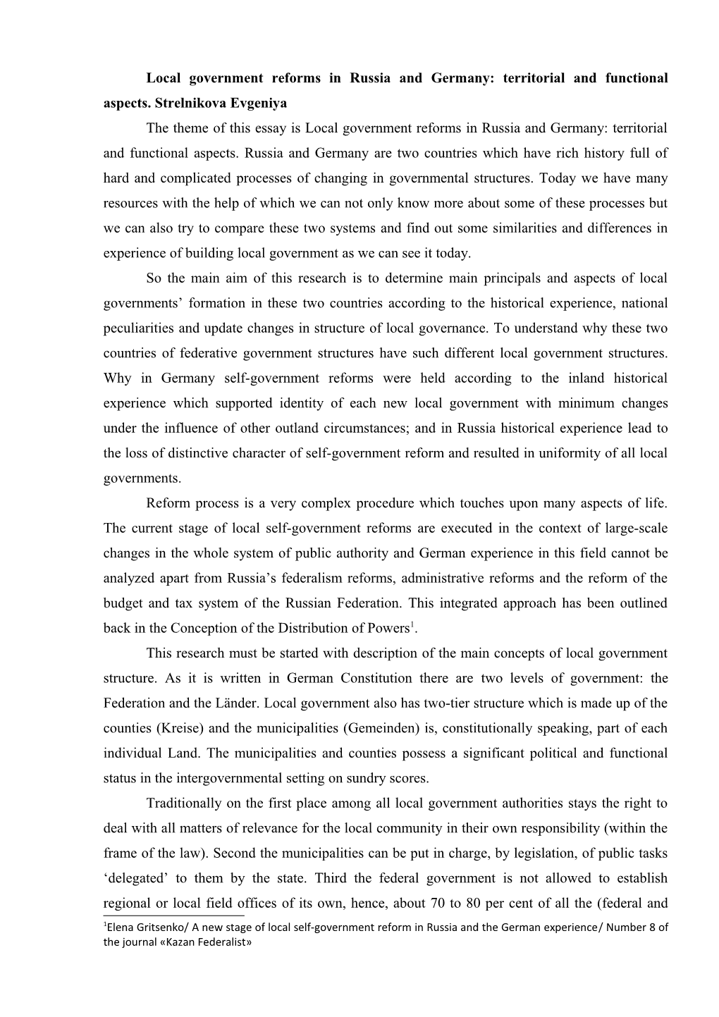 Local Government Reforms in Russia and Germany: Territorial and Functional Aspects