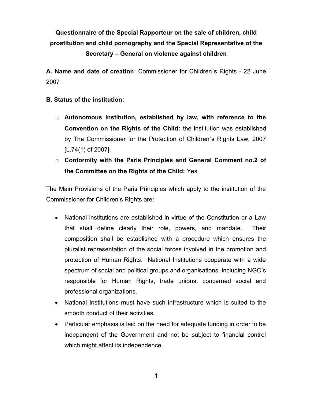 Questionnaire of the Special Rapporteur on the Sale of Children, Child Prostitution And