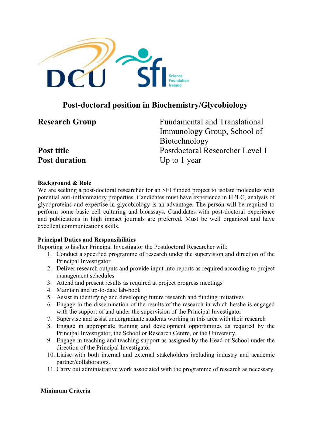 Post-Doctoral Position in Biochemistry/Glycobiology