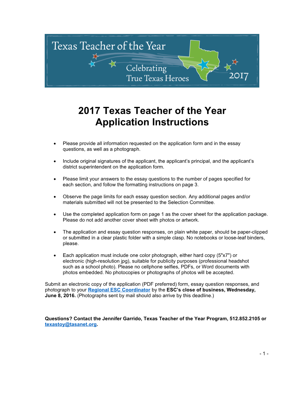 2017 Texas Teacher of the Year Application Instructions